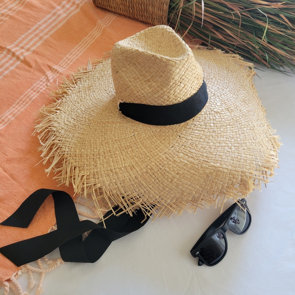 Filippo Catarzi‎ Made in Italy Black Ribbon Band 100% Raffia Paloma Fray Hat